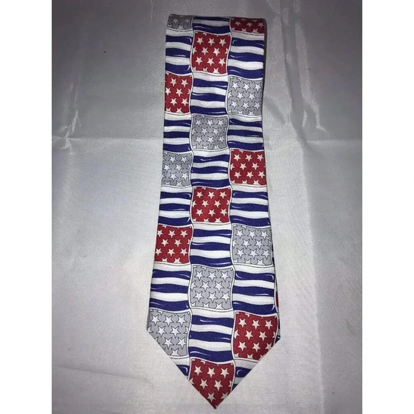 American Pop Albert Nipon USA Patriotic Red White Blue Checks Classic Neck Tie - Picture 1 of 4